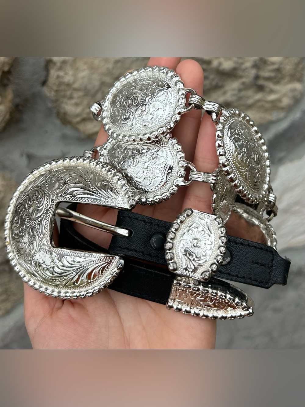 Tony Lama Womens Concho Belt Size 28 Black Silver Western Cowgirl Rustic Boho